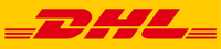 A yellow and red dhl logo on top of a yellow background.